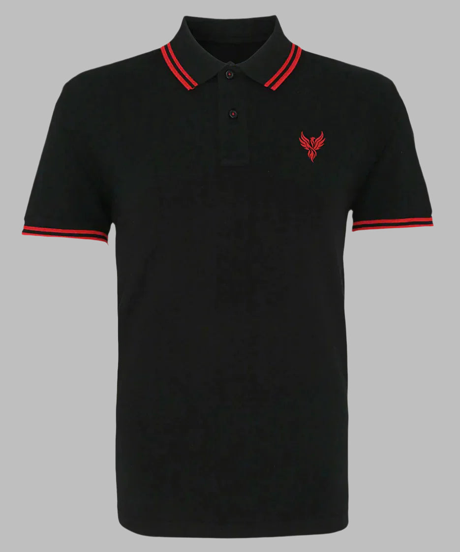 Black polo shirt with red accents on a white background